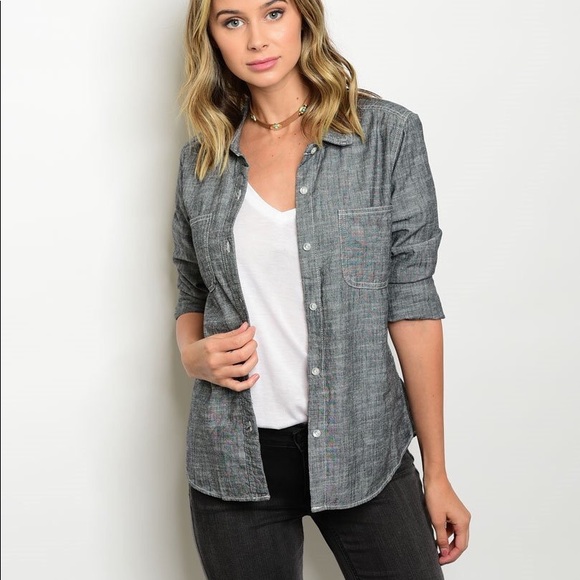 Black Denim Chambray Button Up - Picture 2 of 6